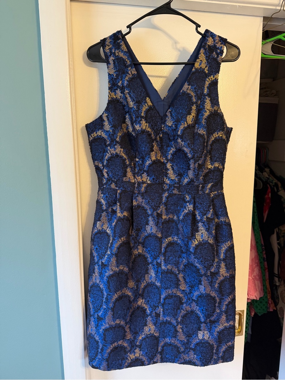 J. Crew Blue and Gold Floral Jacquard Sheath Dress